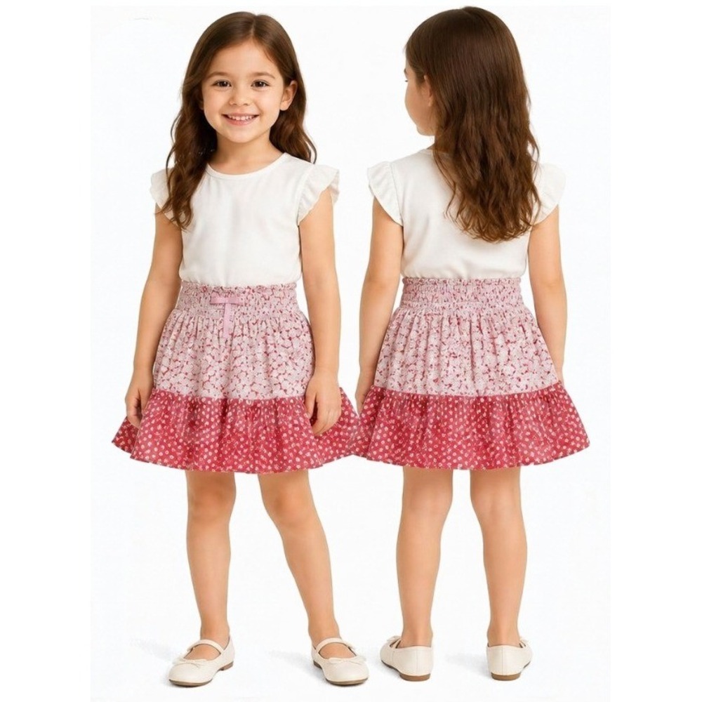 Mini Boden Pink & Red Floral Smocked Elastic Waistband Tiered Skirt Girls 5-6Y